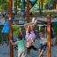 Pull up bars on a playground with children playing and climbing