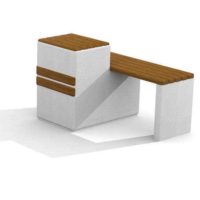 Modern playground element Libra with white concrete and wooden benches.