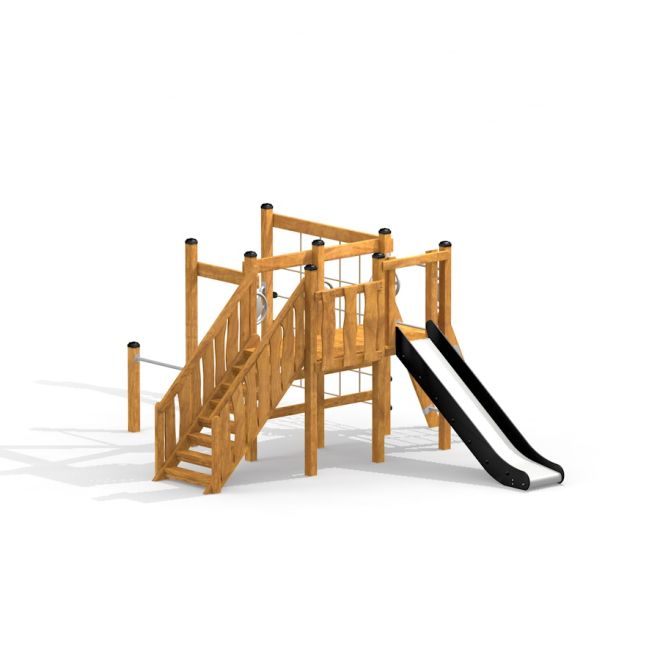 Wooden Kiosk Modern Nature playhouse with slide and stairs.