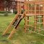 Kiosk Modern Nature wooden playhouse with climbing net and slide in a garden