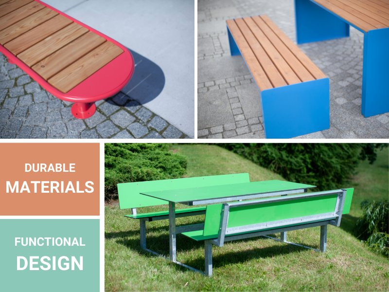 steel city benches with wooden seats