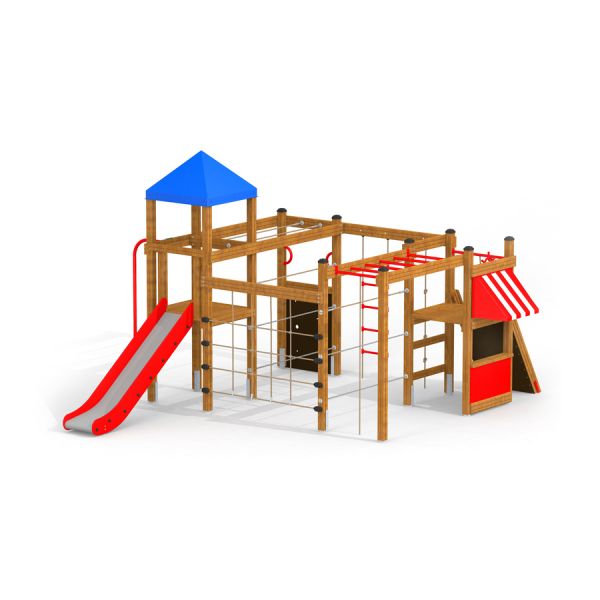 Wooden climbing structure for kids with red slide and blue roof (Climbing Booth).