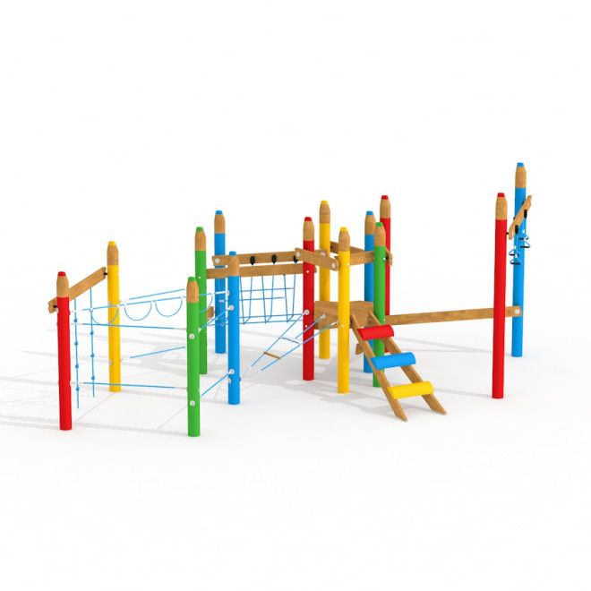 Crayon Quest Park colorful wooden playground structure with climbing nets and ladders.