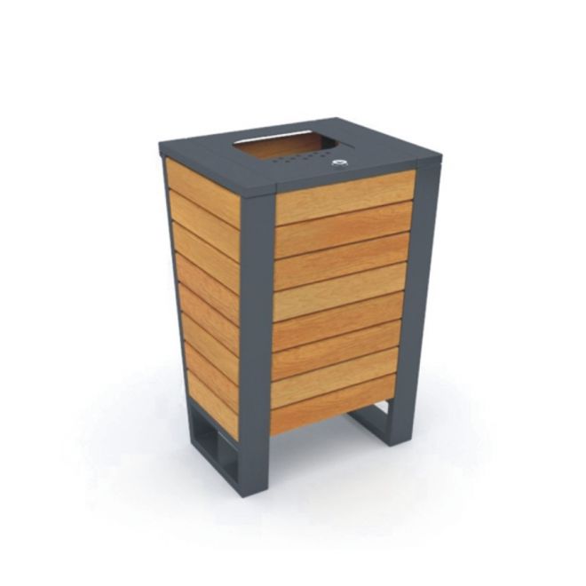 Ryga Bin Light with wooden slats and black frame.