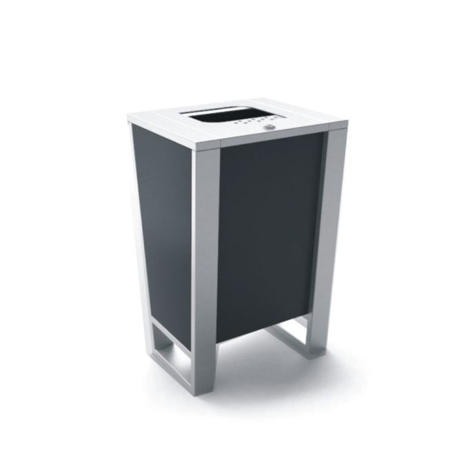 Modern outdoor trash bin Ryga Bin Dark with a sleek silver frame and dark panel.