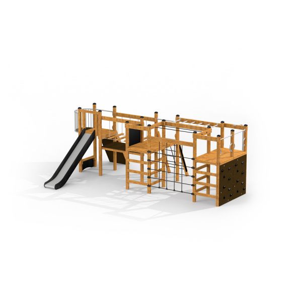 Outdoor wooden playground structure with slide, climbing net, and monkey bars - Romping Corner Natur