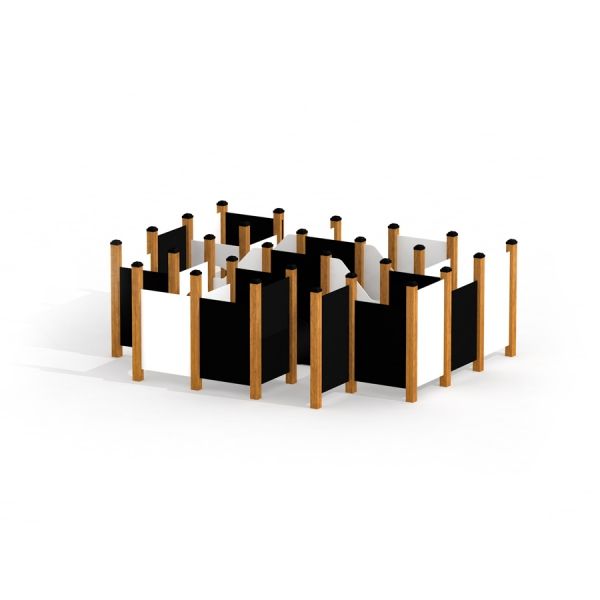 Children's playground maze Ariadne with wooden posts and black and white panels.