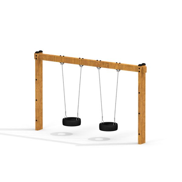 Wooden Tire double swing frame with two black tire swings hanging from chains
