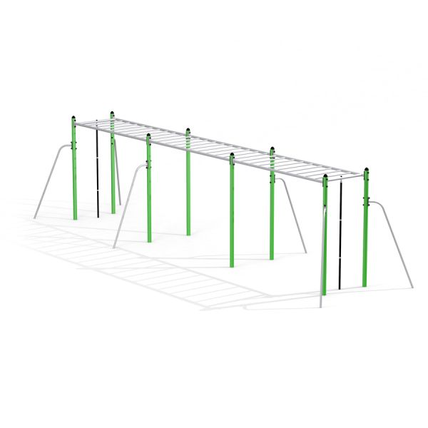 Metal Horizontal Ladder Large playground equipment with green and silver bars.