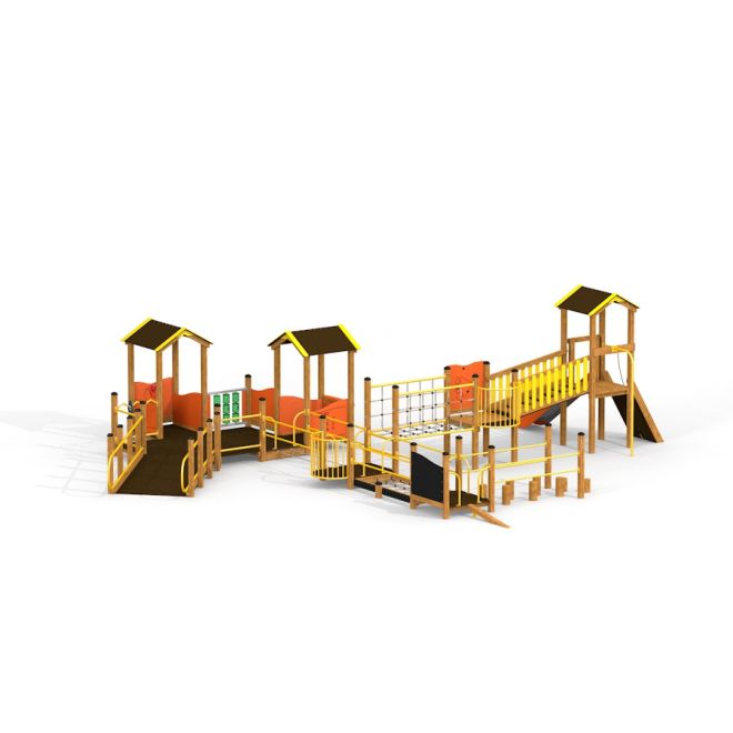 Beta playground equipment with multiple slides and climbing structures