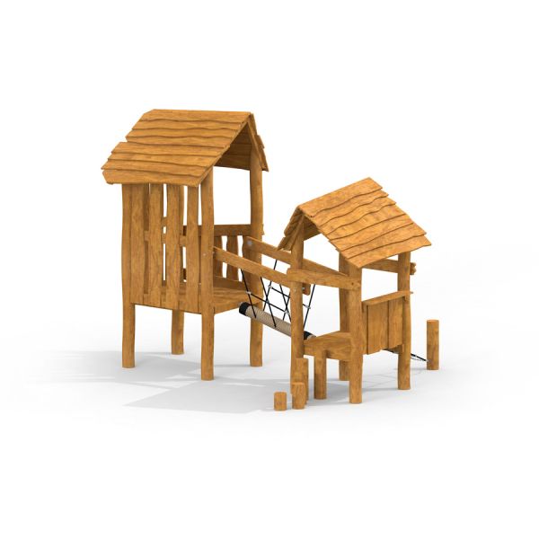 Wooden Hut - wooden play structure with two connected huts and a rope bridge.