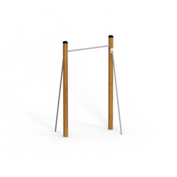 Outdoor fitness Pull Bar with wooden posts and metal bar.