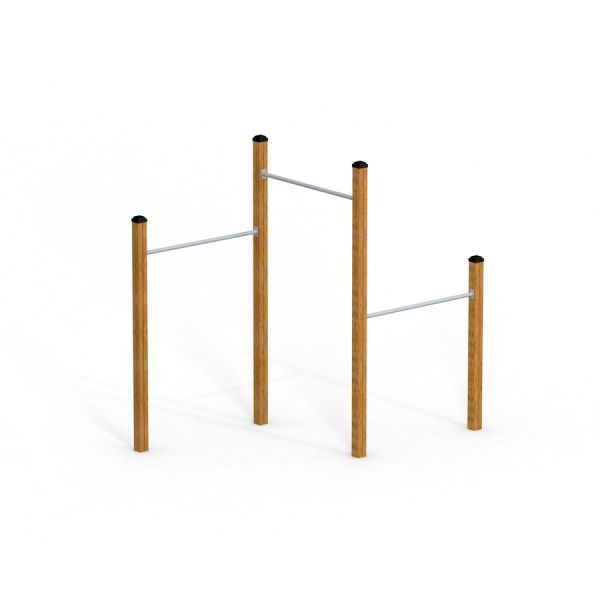 Pull Bars outdoor fitness equipment with wooden posts and metal bars.