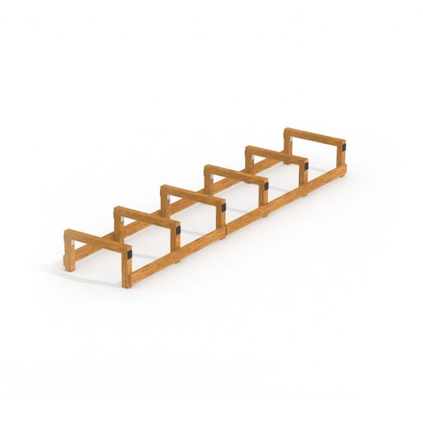 Outdoor wooden balance beam set with six sections.