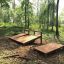Wooden sit-ups bench in a forest setting.