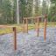 Overâ€under wooden outdoor fitness equipment in a forest setting.