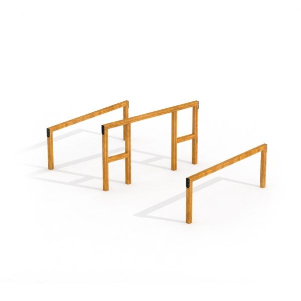 Wooden Overâ€under playground obstacle set.