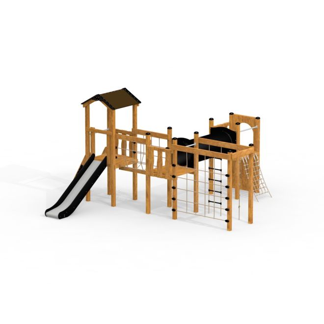 Wooden play structure with slide and climbing nets - Romping Cottage.