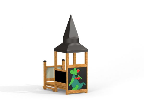 Wooden Tower with Baby Dragon single playhouse with black roof and painted green dragon.