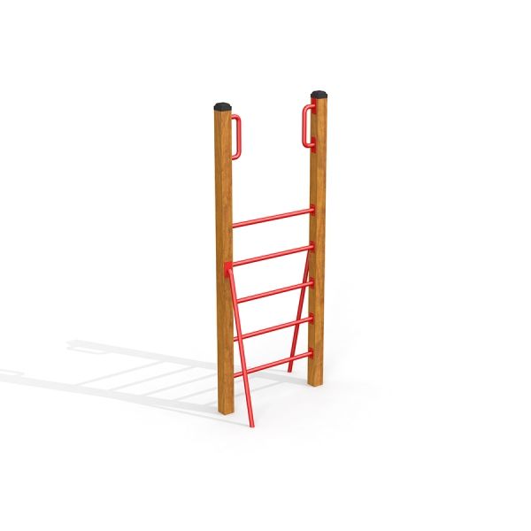 Vertical wooden ladder with red rungs and handles.