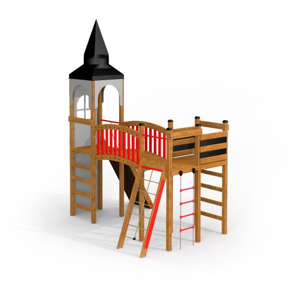 Alcazar playground castle with a wooden tower, bridge, and ladders for children.