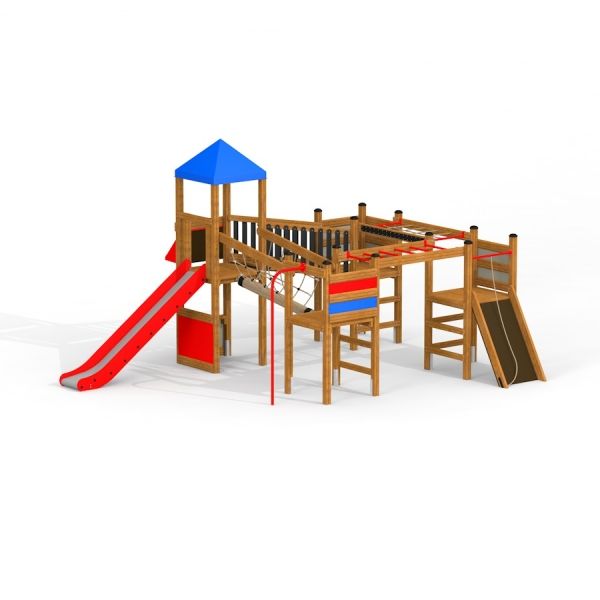 Challenger II castle with slide - wooden playground structure with slides and climbing features.