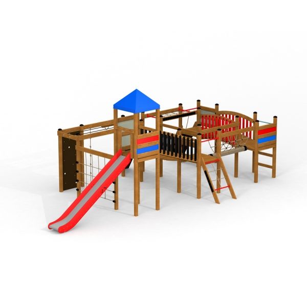 Playground equipment Searobber Castle II with red slide and blue roof.
