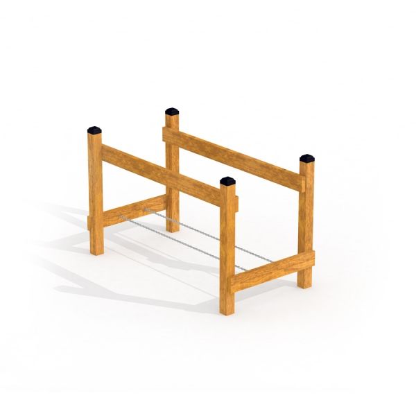 Wooden play structure Chain Bridge with horizontal beams and chain in the middle.