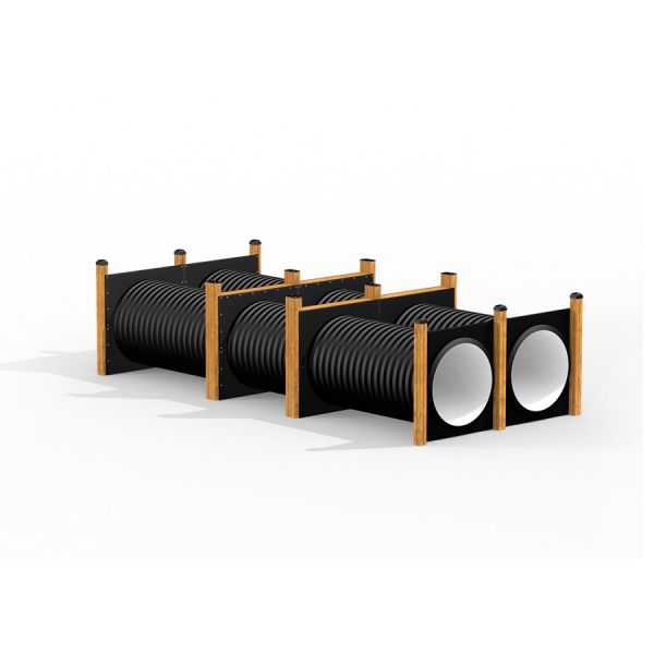 Playground equipment Double Tunnel with wooden frames and black corrugated pipes.