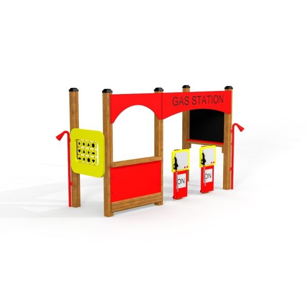 Children's playground Gas Station structure in bright red and yellow.