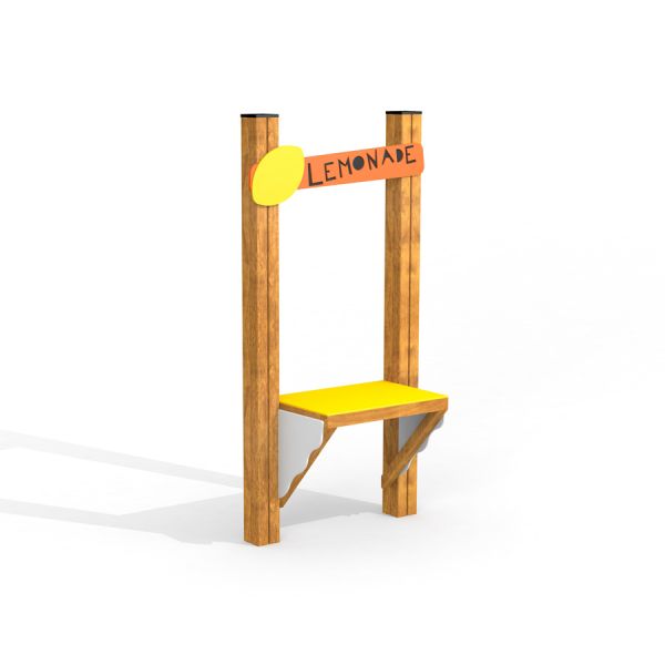 Lemonade Stand for children's play area with a wooden frame and yellow accents