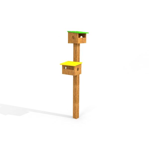 Two wooden bird feeder boxes with green and yellow roofs on a tall post.