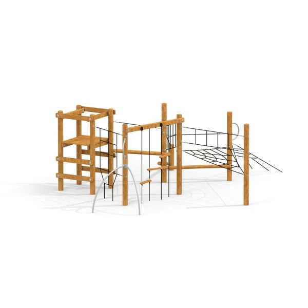 Caucasus wooden playhouse with climbing nets and wooden platforms.
