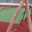 Wooden structure of Ural climbing net in playground.