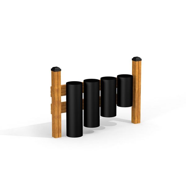 Outdoor playground drums for kids with wooden frame.