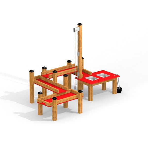 Sand & Water Play wooden structure with red play areas, featuring a pump and multiple levels for san