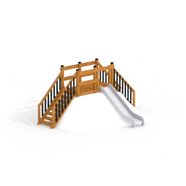 Wooden playground structure with stairs and a single slide.