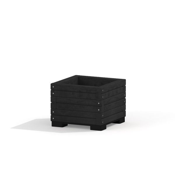 Black wooden flowerpot in square shape.