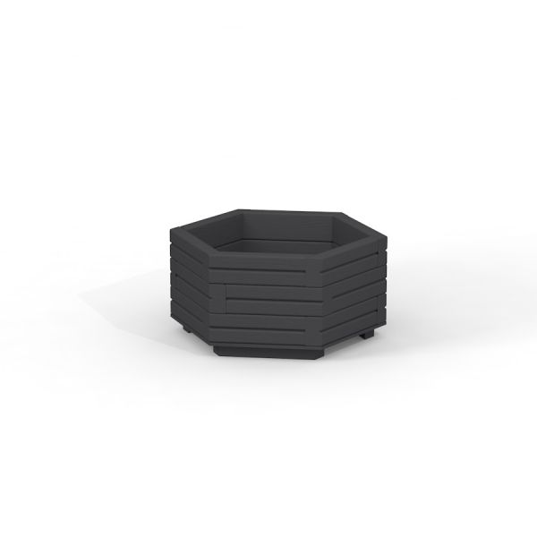 Wooden flowerpot IV black, hexagonal shape, isolated on white background.