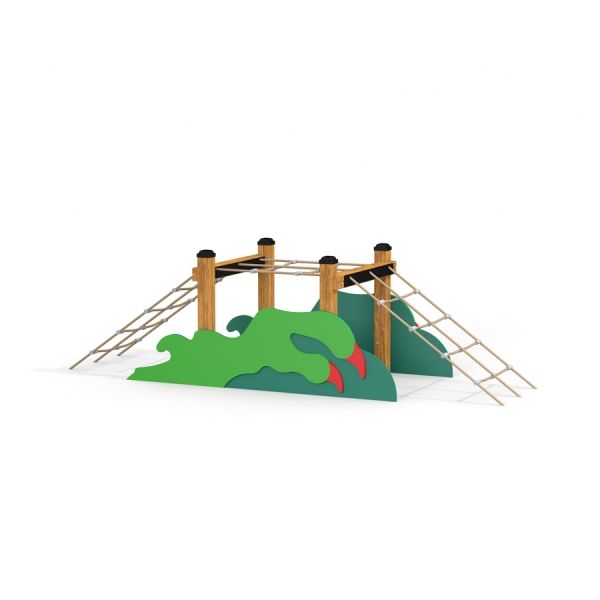 Playground climbing structure 'Trapezoid with Dragon Claws' with green dragon-themed panels and wood