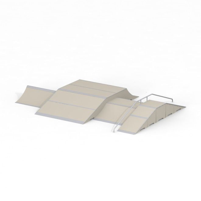 Fun Box 14 skatepark obstacle with ramps and rail for skateboarding and BMX biking