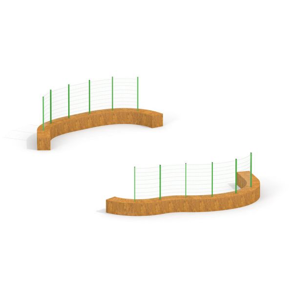Multiarena Wooden sport area with wooden base and green fencing.