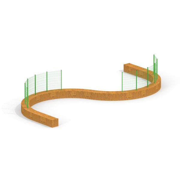 Curved wooden Multiarena structure with green mesh fencing.