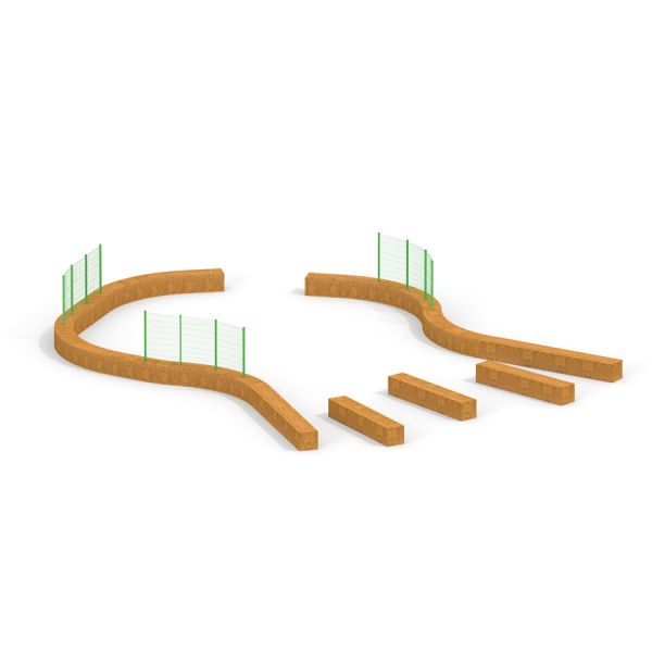Wooden Multiarena sports arena with green fencing.