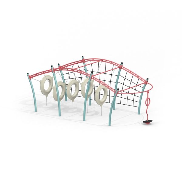Caterpillar climbing net playground equipment with curved red and green structure.