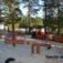 Wooden Nature Seesaw in a playground surrounded by trees.