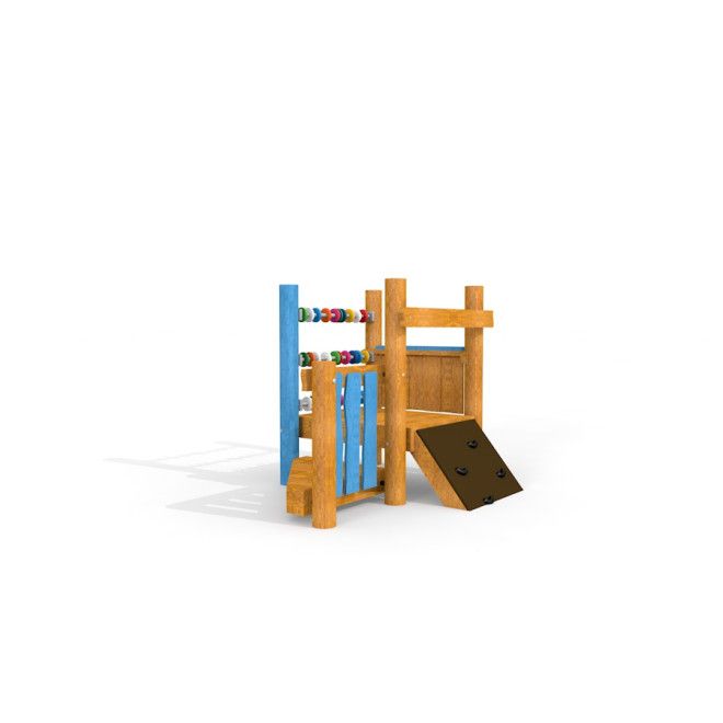 Captain's Bridge wooden playground climbing structure with blue accents and abacus beads.