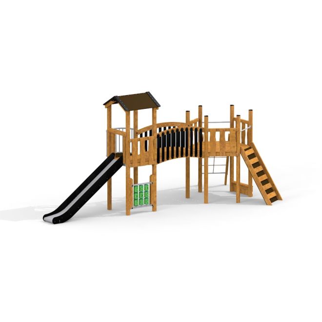 Hexagon Modern Nature II single slide wooden playground structure with slide and climbing elements.
