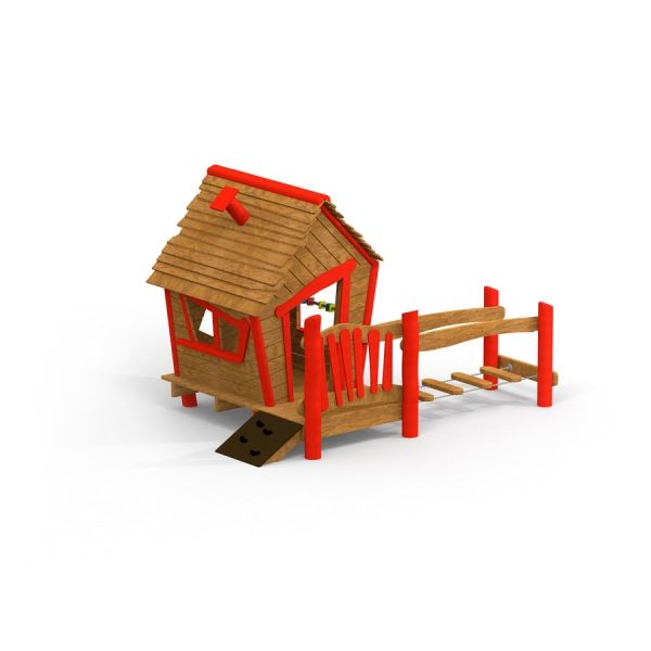 Anna's Playhouse wooden playhouse with red accents and bridge.