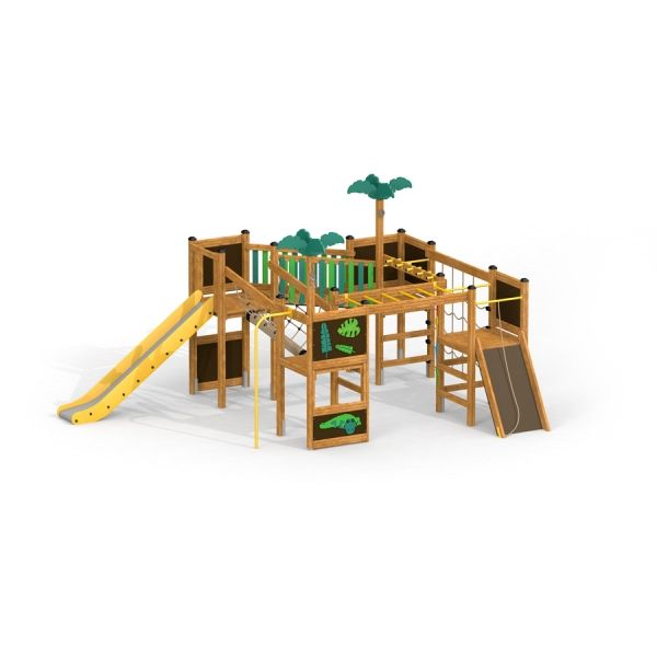 Jungle castle with slide playground set with climbing features and palm tree decorations.